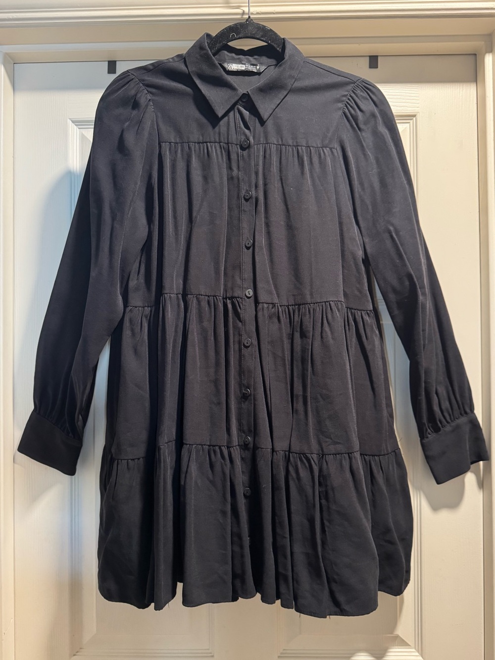 Zara Black Tiered Button-Front Long Sleeve Dress Size Medium